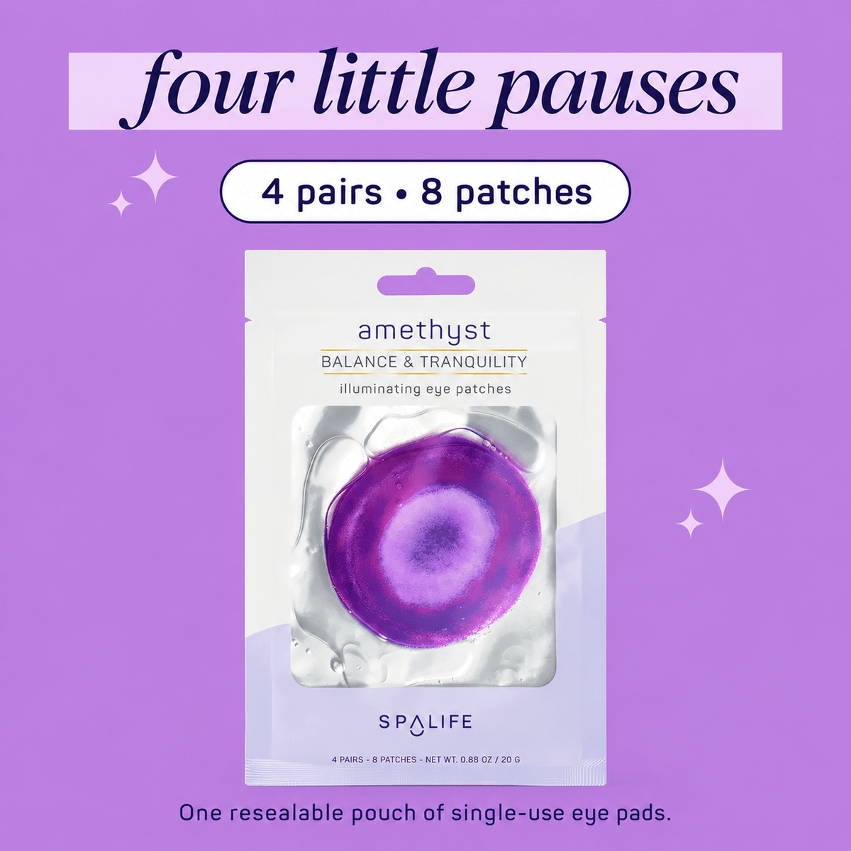 One SpaLife Amethyst pouch contains 4 pairs, 8 single-use eye patches