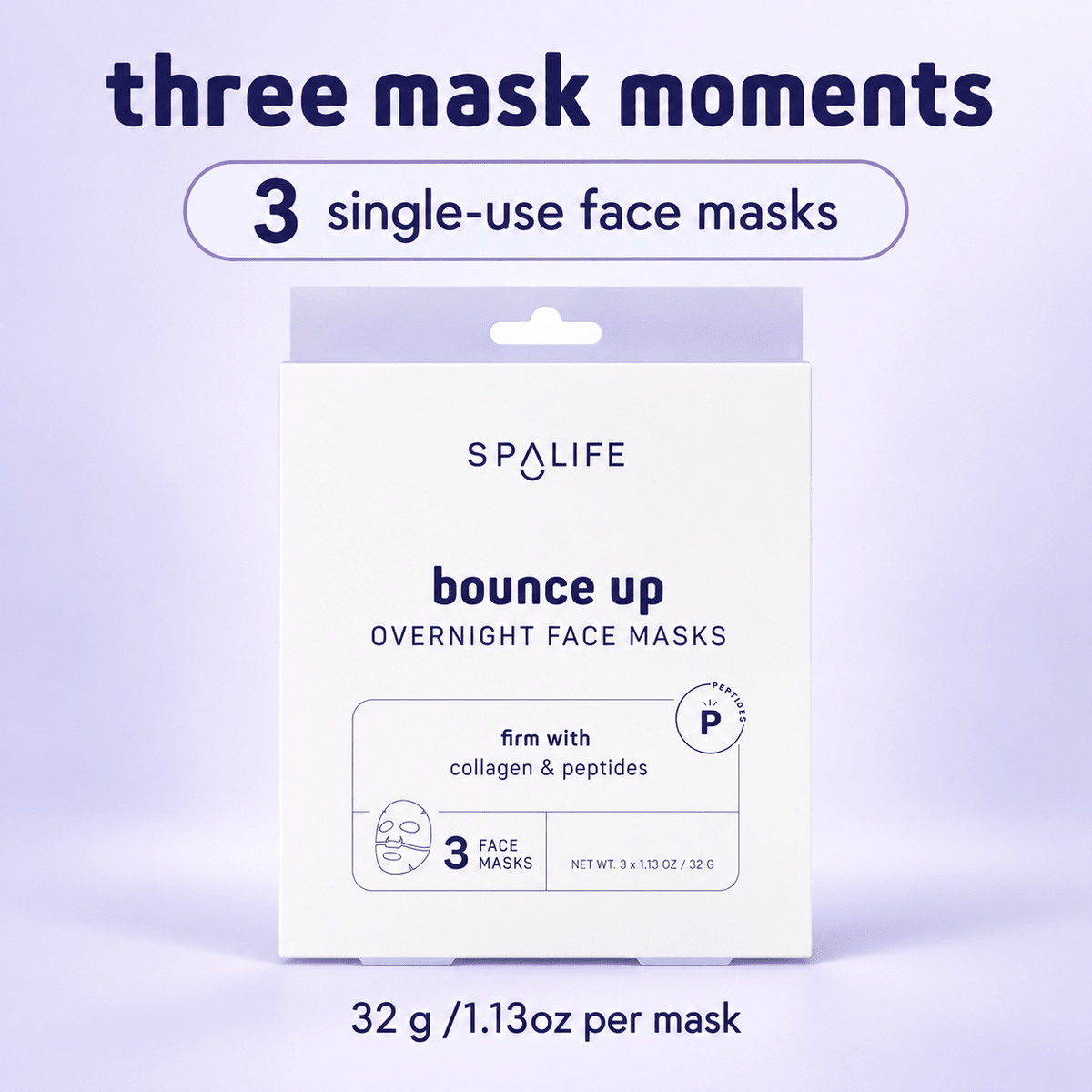 SpaLife Bounce Up contains 3 single-use face masks, 32 g each