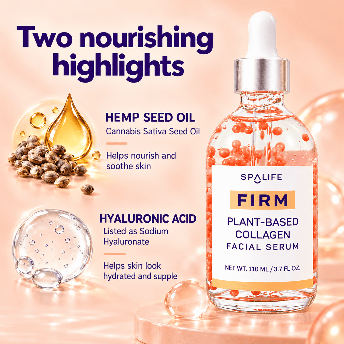 SpaLife Firm Plant-Based Collagen Serum 110 mL: Hemp seed oil and hyaluronic acid highlights