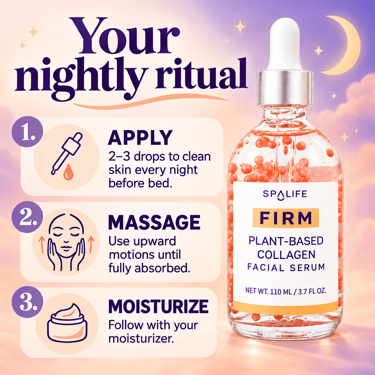 SpaLife Firm Plant-Based Collagen Serum 110 mL: Complete nightly directions