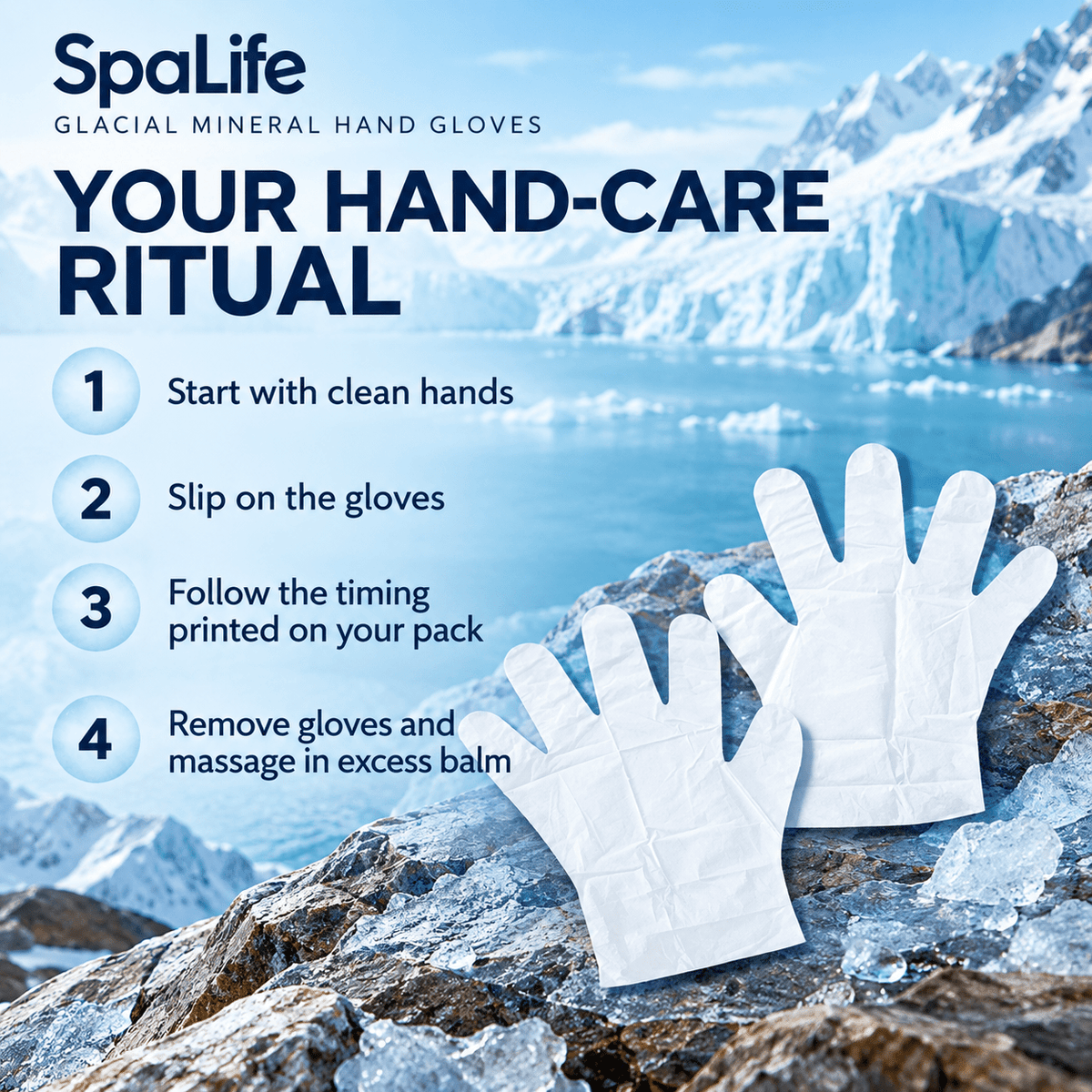 SpaLife hand glove directions: clean hands, slip on gloves, follow pack timing, massage excess balm