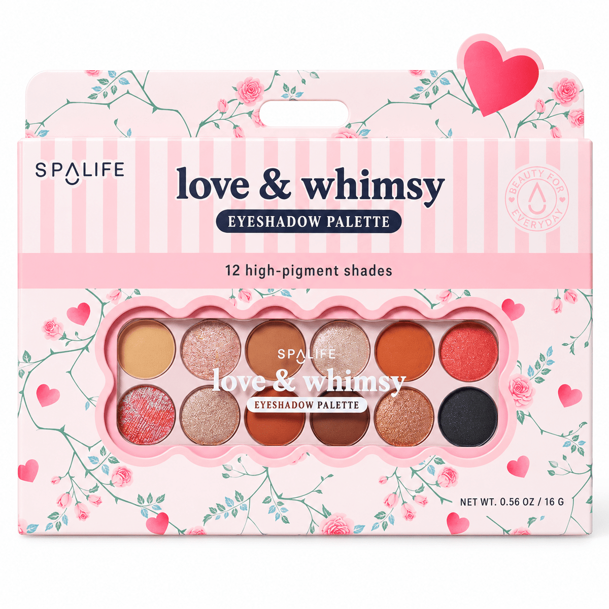 SpaLife Love and Whimsy twelve-shade eyeshadow palette in floral pink package on white