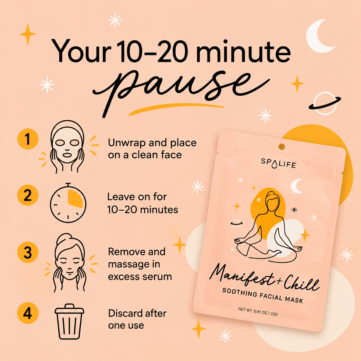 Manifest + Chill sheet mask directions: apply for 10 to 20 minutes