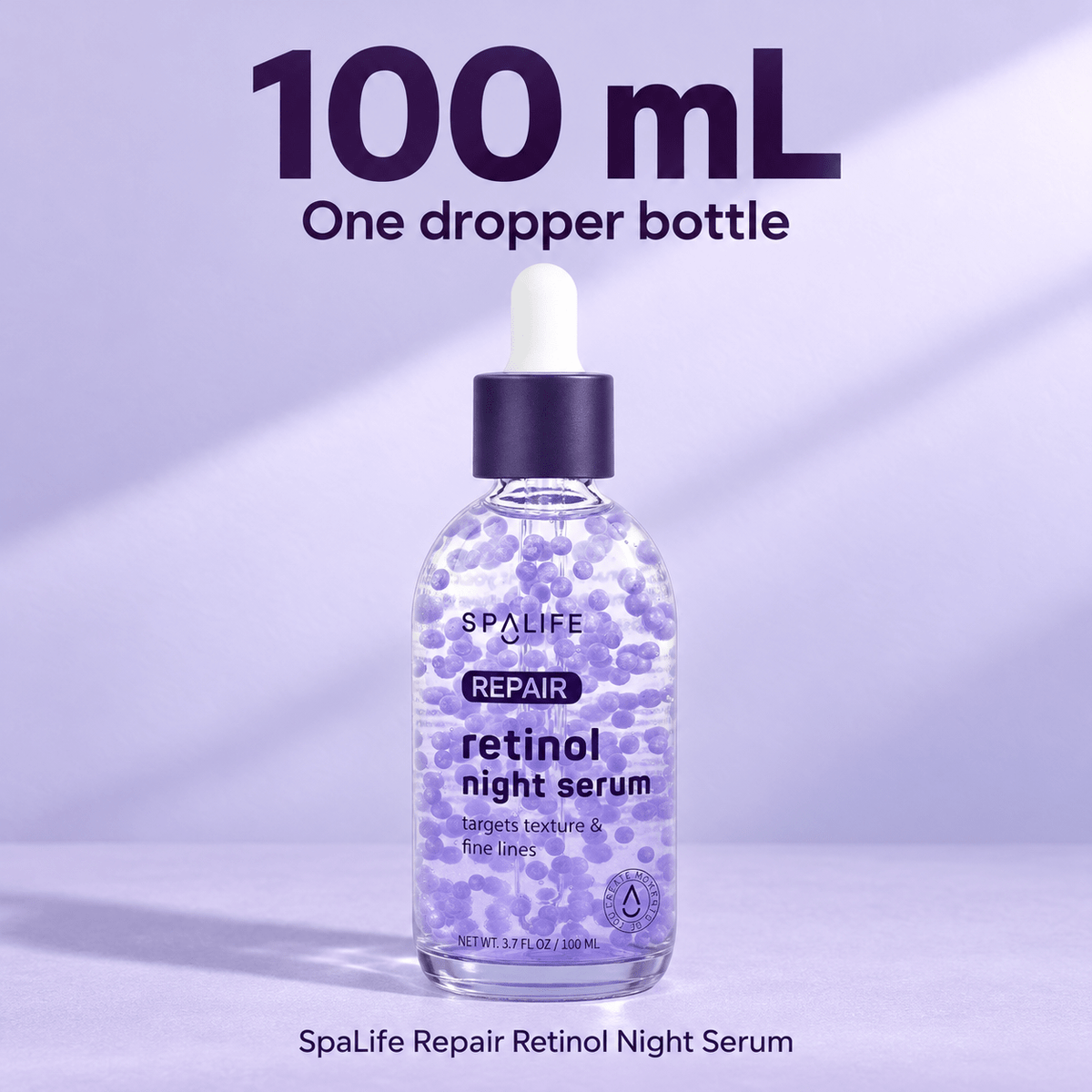 SpaLife Repair Retinol Night Serum, one dropper bottle labeled 100 mL on lavender