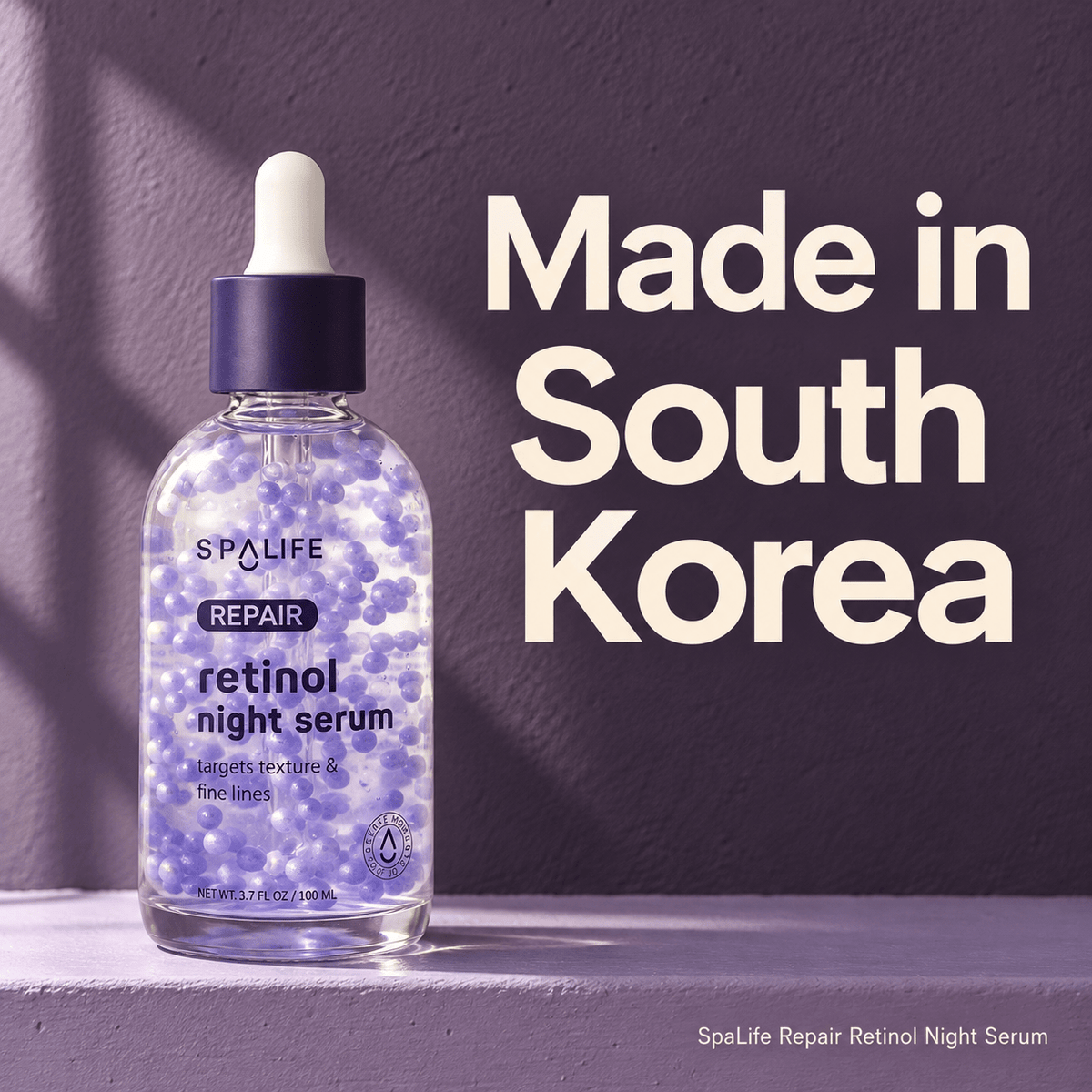 SpaLife Repair Retinol Night Serum made in South Korea against a deep purple background