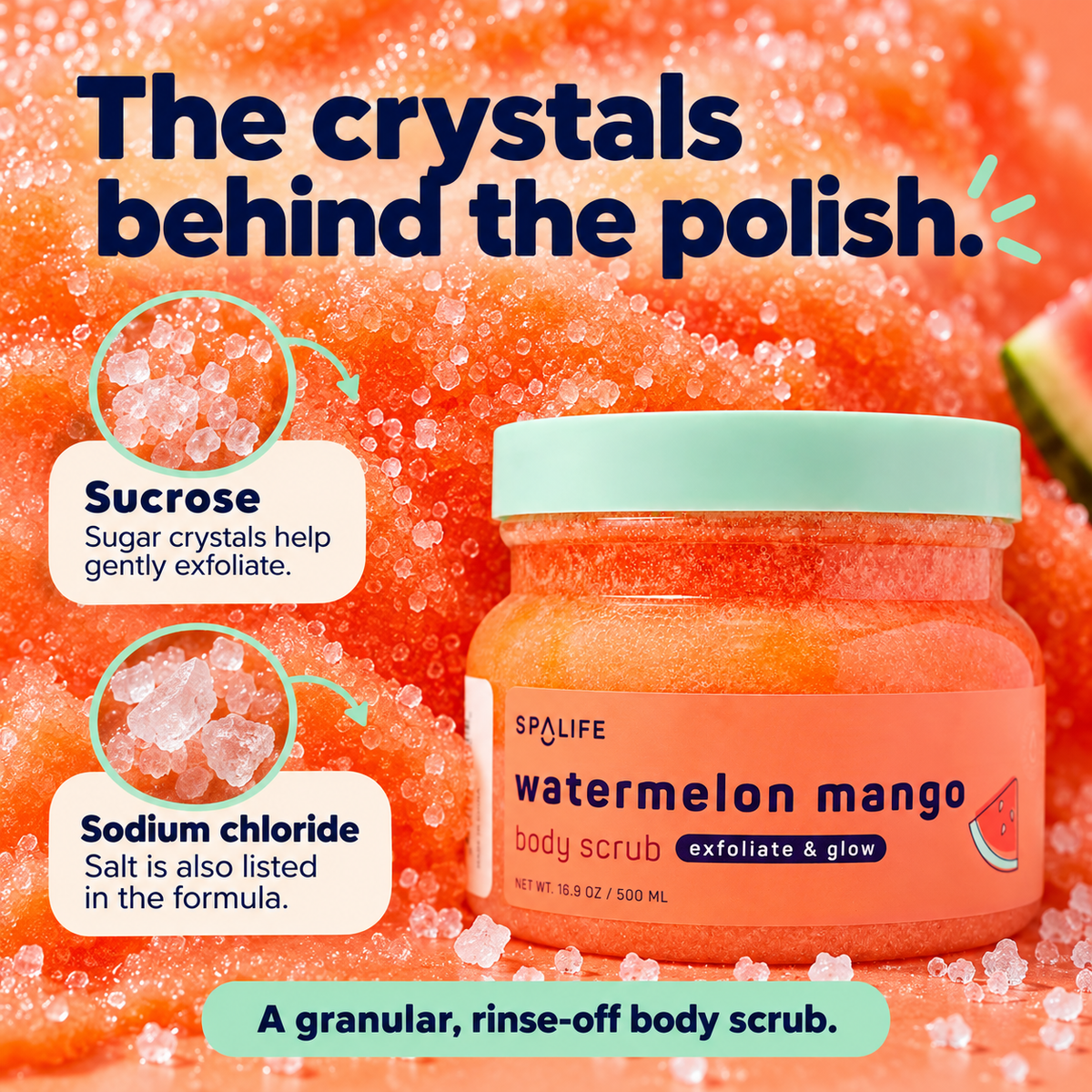SpaLife Watermelon Mango Body Scrub 500 mL: Sucrose and salt crystal details
