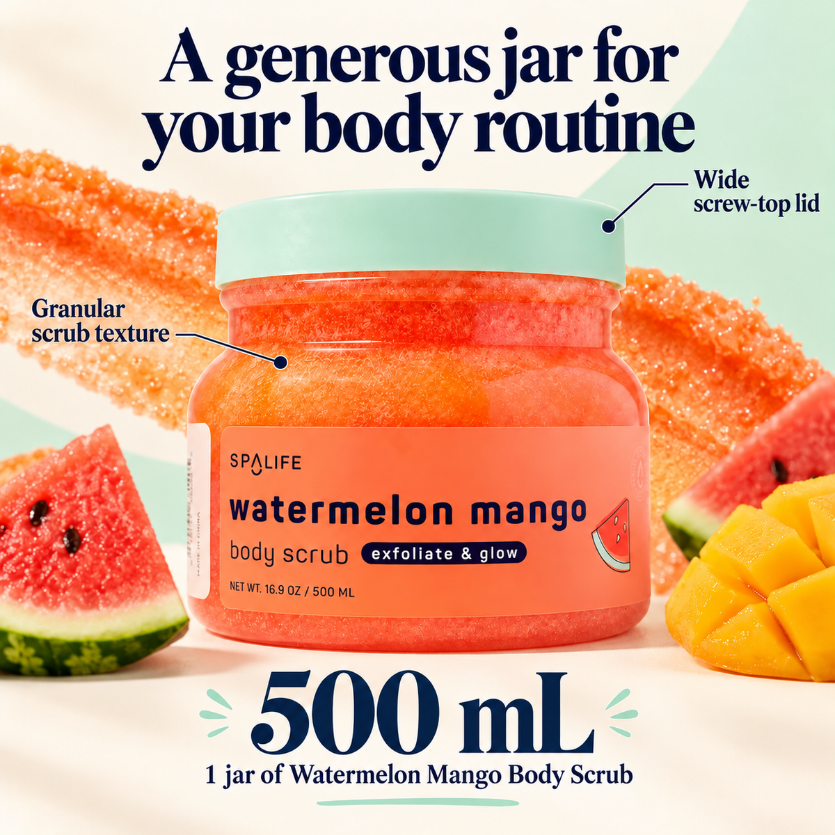 SpaLife Watermelon Mango Body Scrub 500 mL: 500 mL jar and physical contents