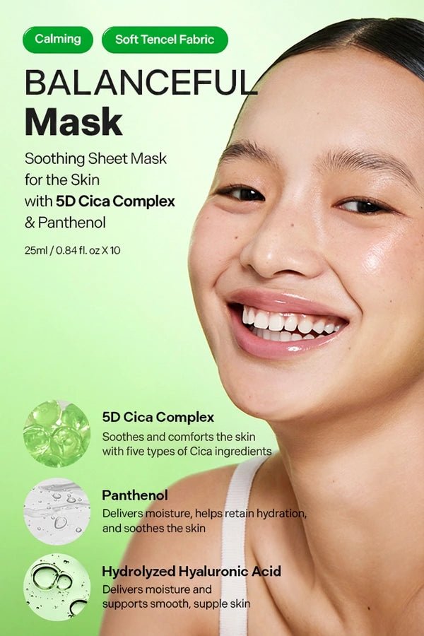 Torriden BALANCEFUL Cica Mask English overview of the 5D Cica panthenol and hydration formula