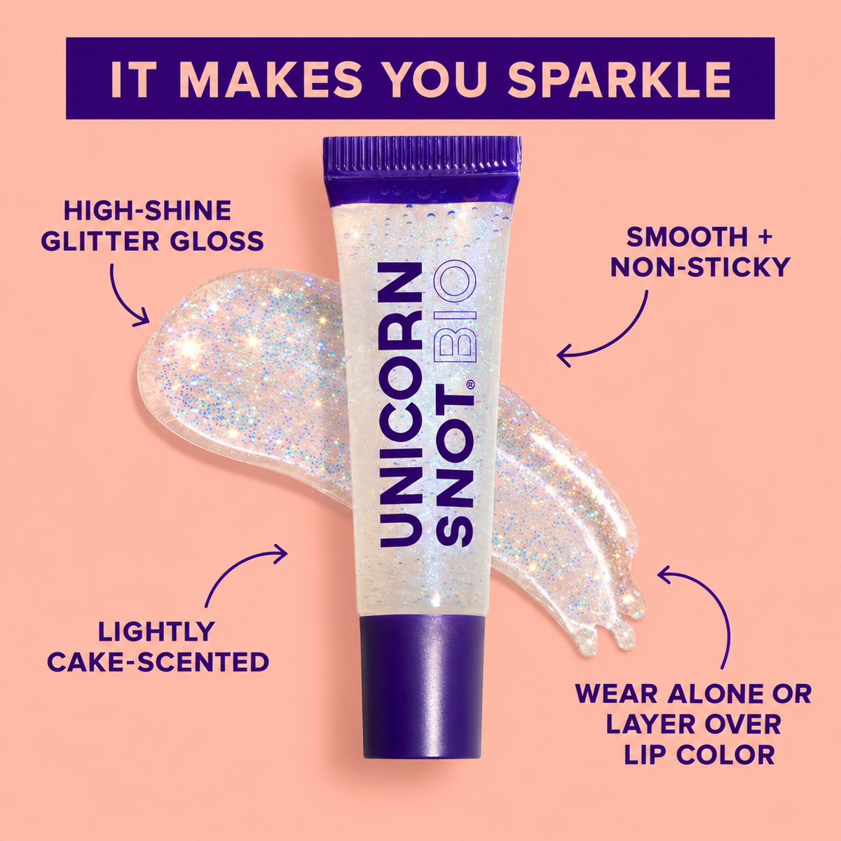 Unicorn Snot Glitter Boss lip gloss high shine non-sticky features