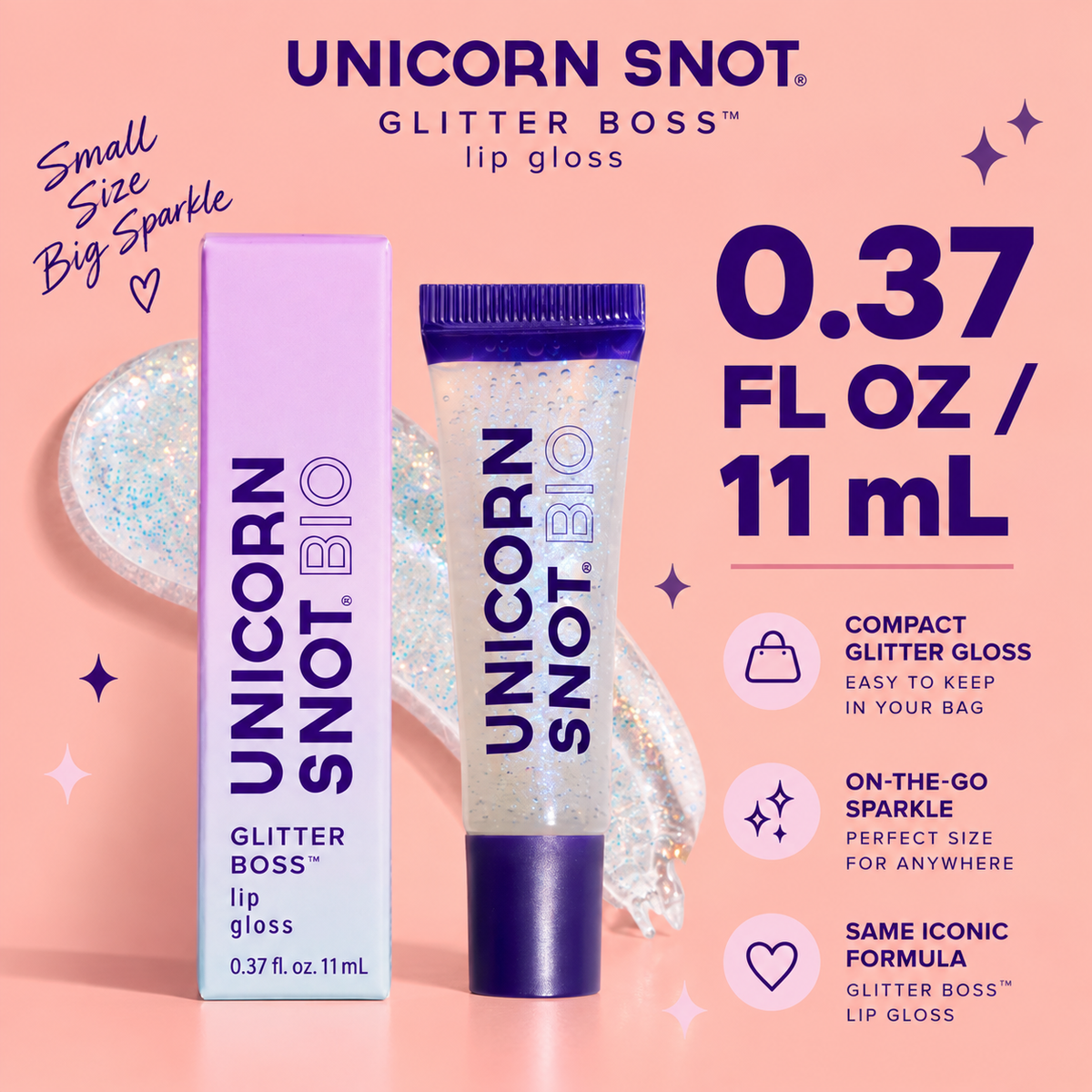 Unicorn Snot Glitter Boss lip gloss 11 mL size infographic