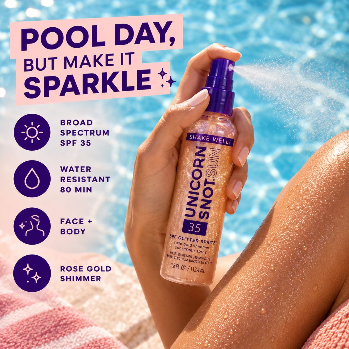 Unicorn Snot SPF 35 Glitter Spritz Rose Gold poolside sunscreen