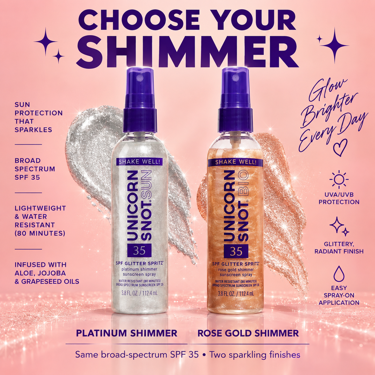 Unicorn Snot SPF 35 Glitter Spritz Platinum and Rose Gold shimmer variants