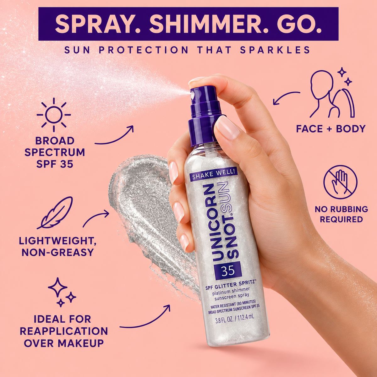 Unicorn Snot SPF 35 Glitter Spritz face and body sunscreen spray