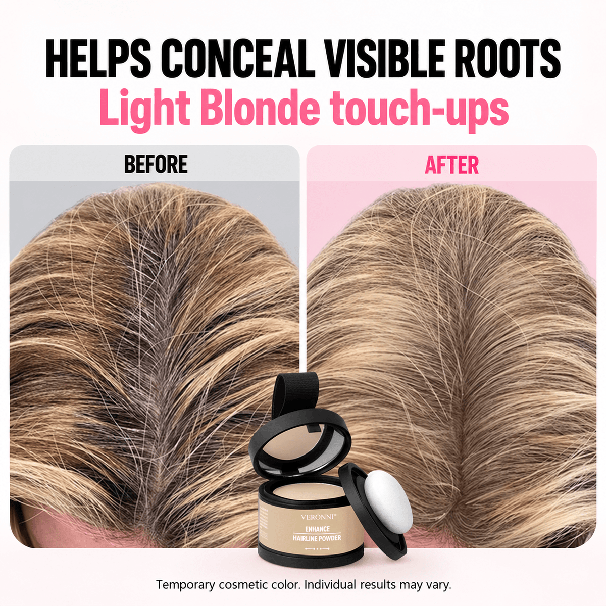 VERONNI hairline powder Light Blonde root touch-up comparison