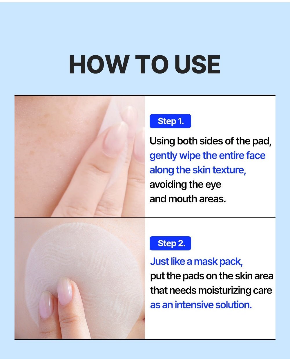 WELLAGE Real Hyaluronic Blue Toner Pad 100: Wiping and targeted mask directions