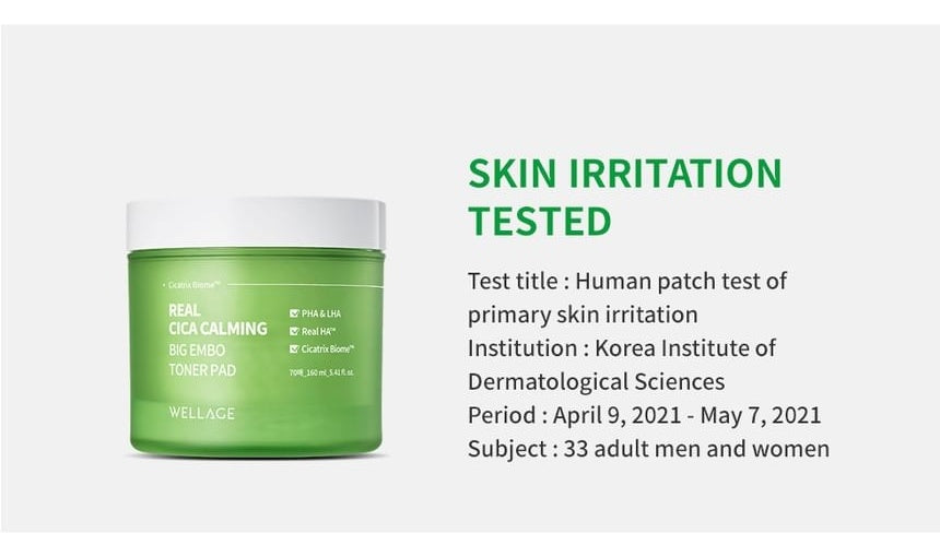 WELLAGE Real Cica Calming Big Embo Toner Pad: Skin irritation test information