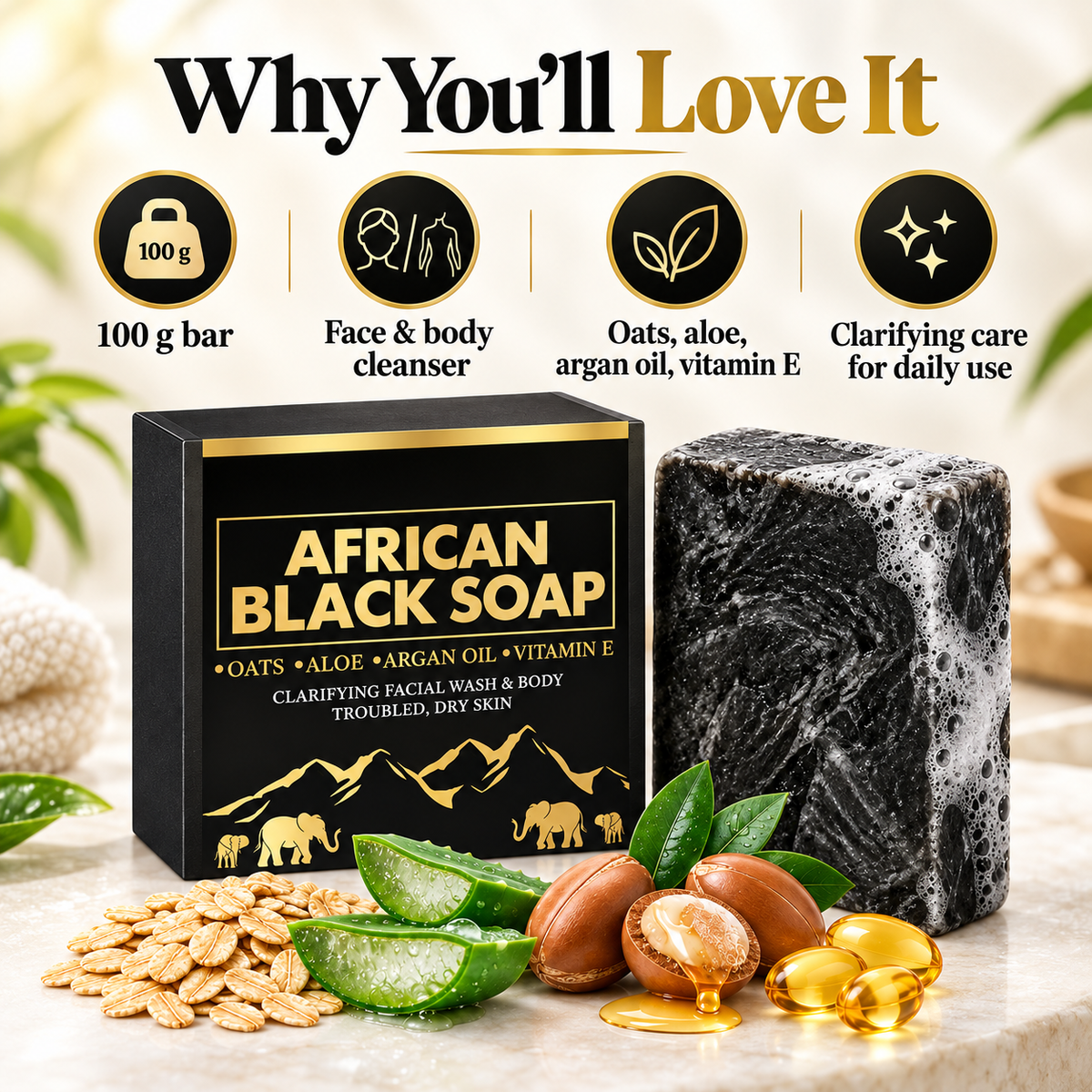 African Black Soap Bar for Face & Body
