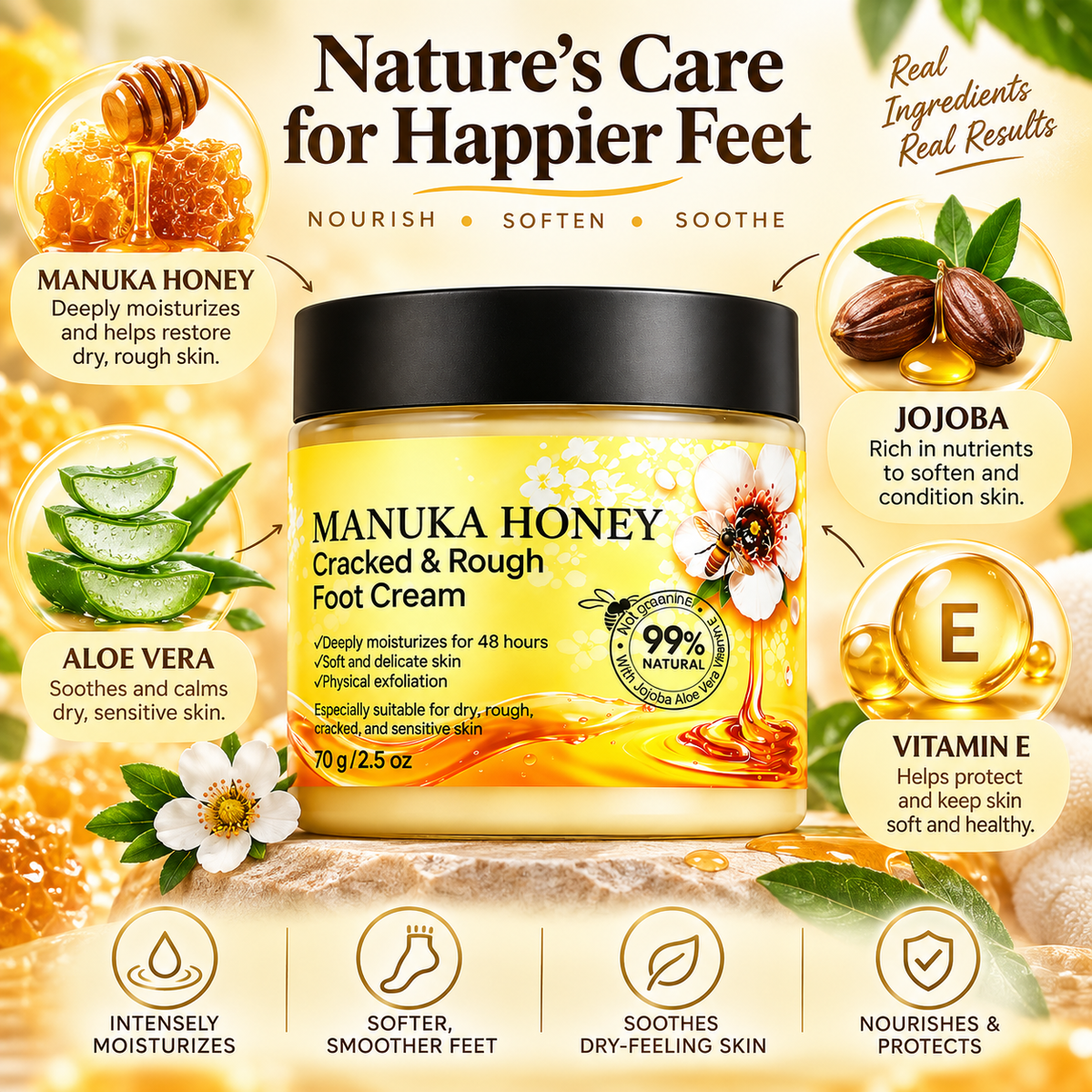 Foot Cream for Dry Cracked Heels with Manuka Honey