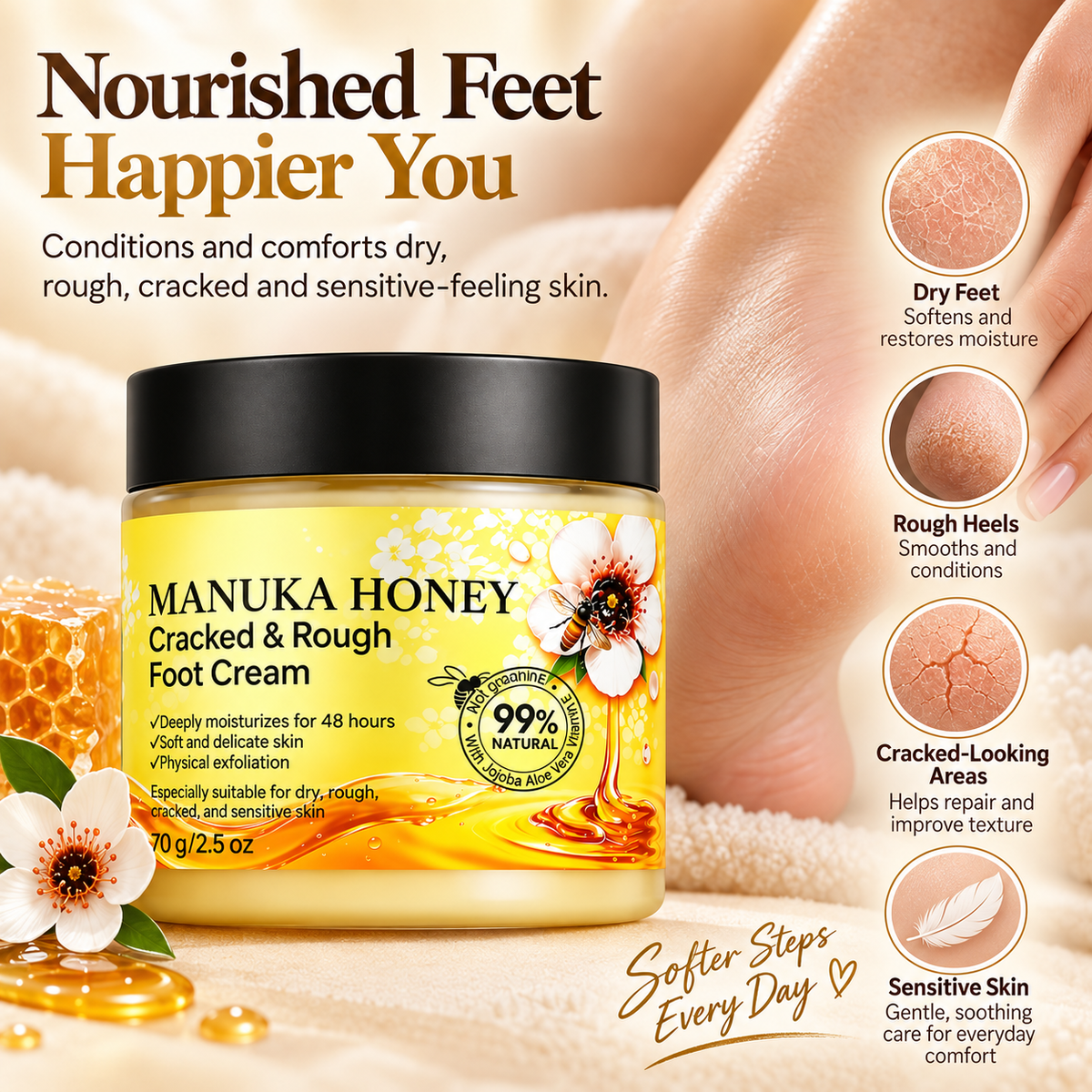 Foot Cream for Dry Cracked Heels with Manuka Honey