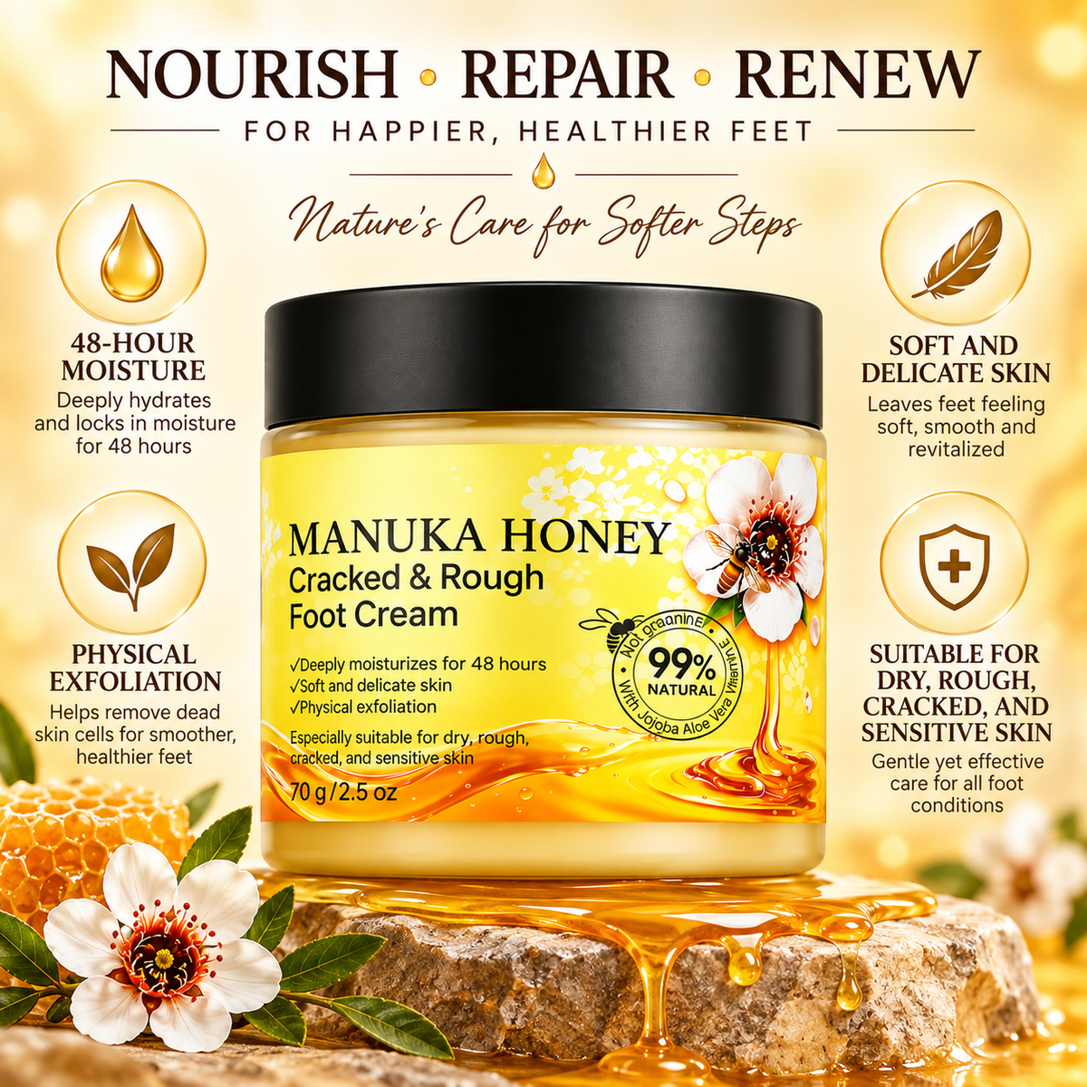 Foot Cream for Dry Cracked Heels with Manuka Honey