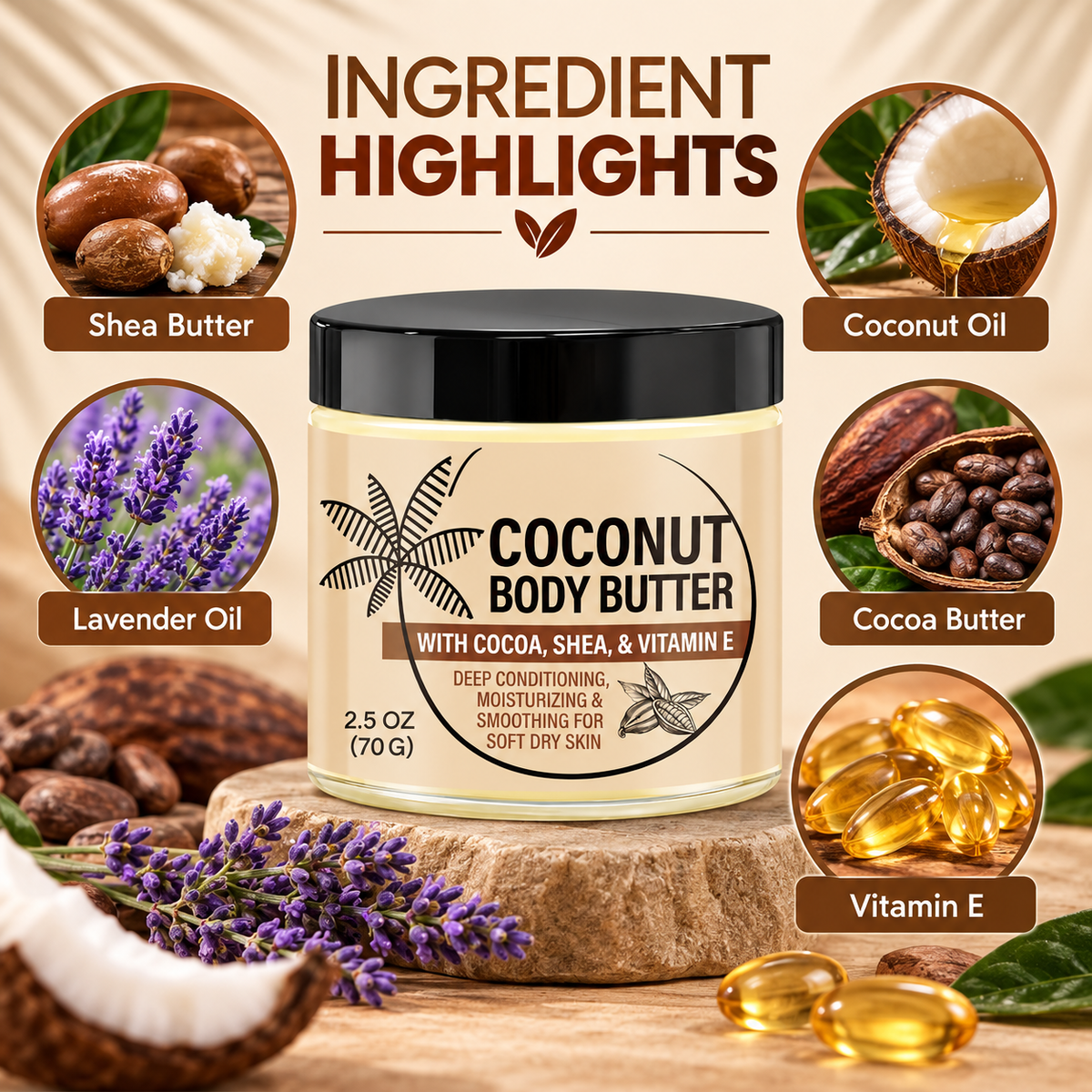Coconut Body Butter for Dry Skin with Shea & Cocoa Butter