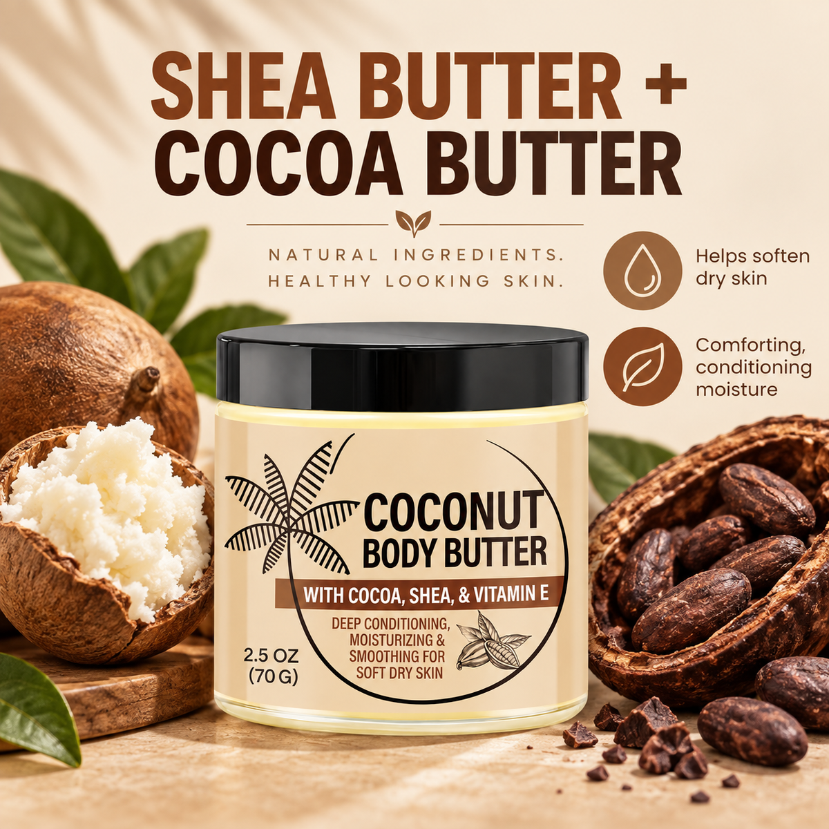 Coconut Body Butter for Dry Skin with Shea & Cocoa Butter