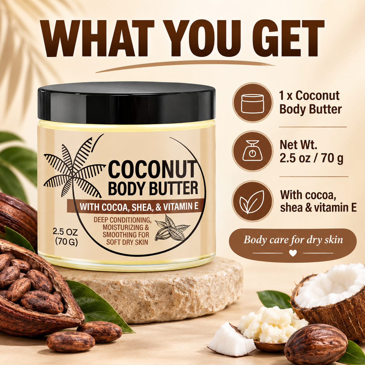 Coconut Body Butter for Dry Skin with Shea & Cocoa Butter