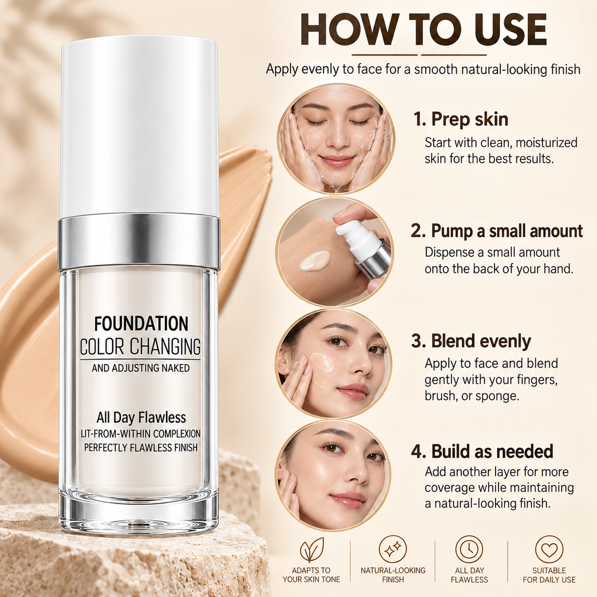 Color Changing Foundation, Skin Tone Adapting Liquid Makeup