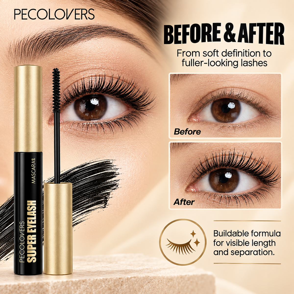 PECOLOVERS Super Eyelash Mascara, Waterproof Volume & Length