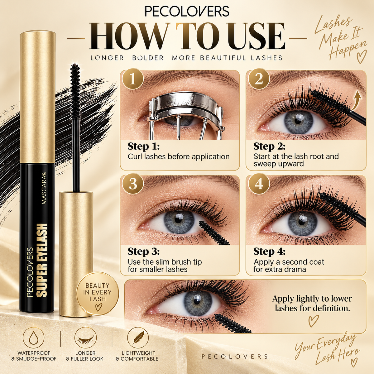PECOLOVERS Super Eyelash Mascara, Waterproof Volume & Length