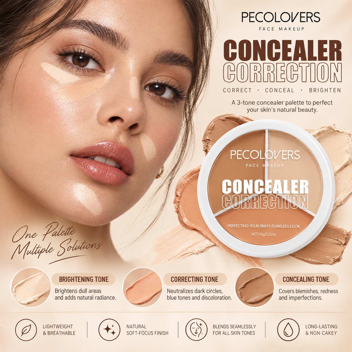 PECOLOVERS 3-Color Cream Concealer Correction Palette