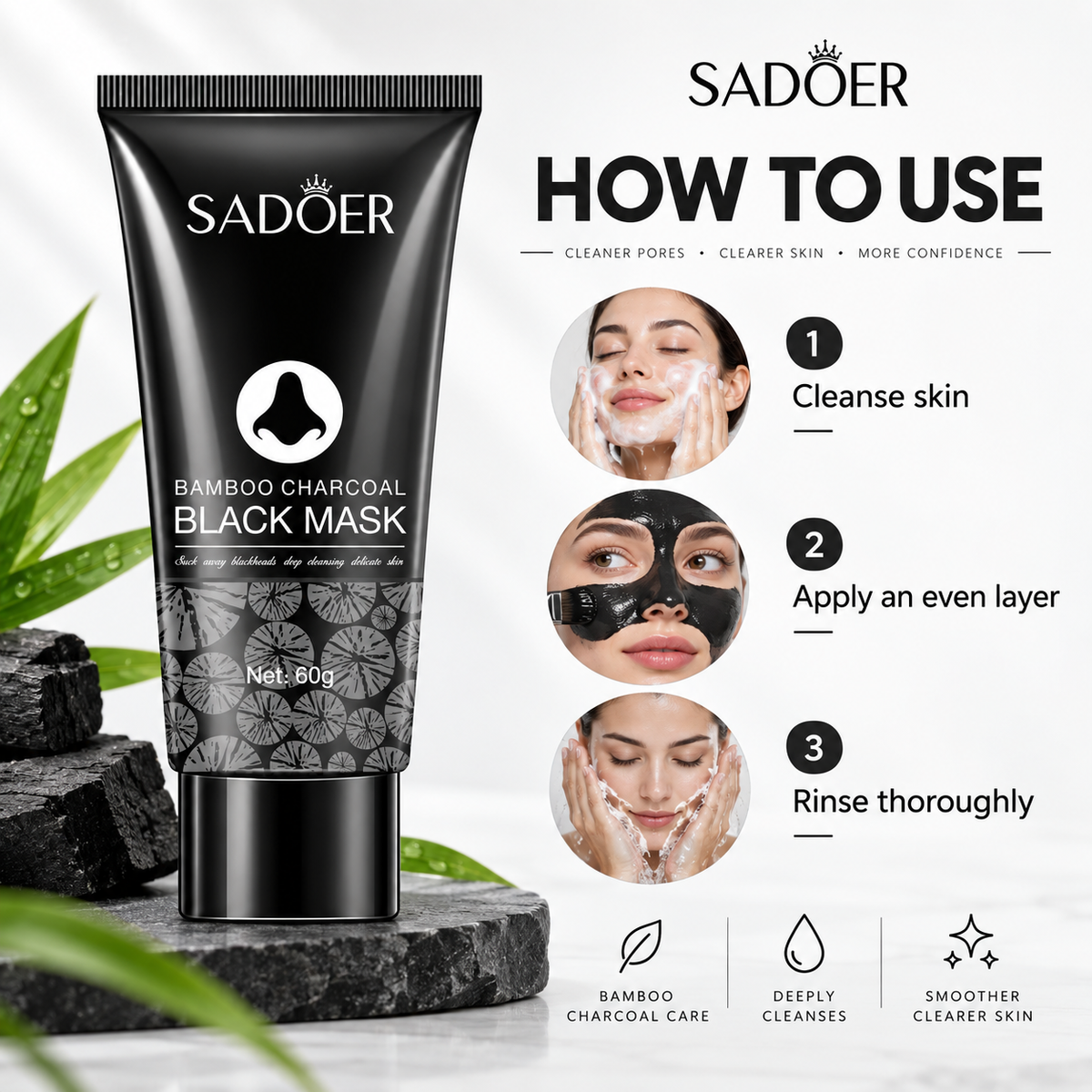 SADOER Bamboo Charcoal Black Mask, Peel Off Face Mask