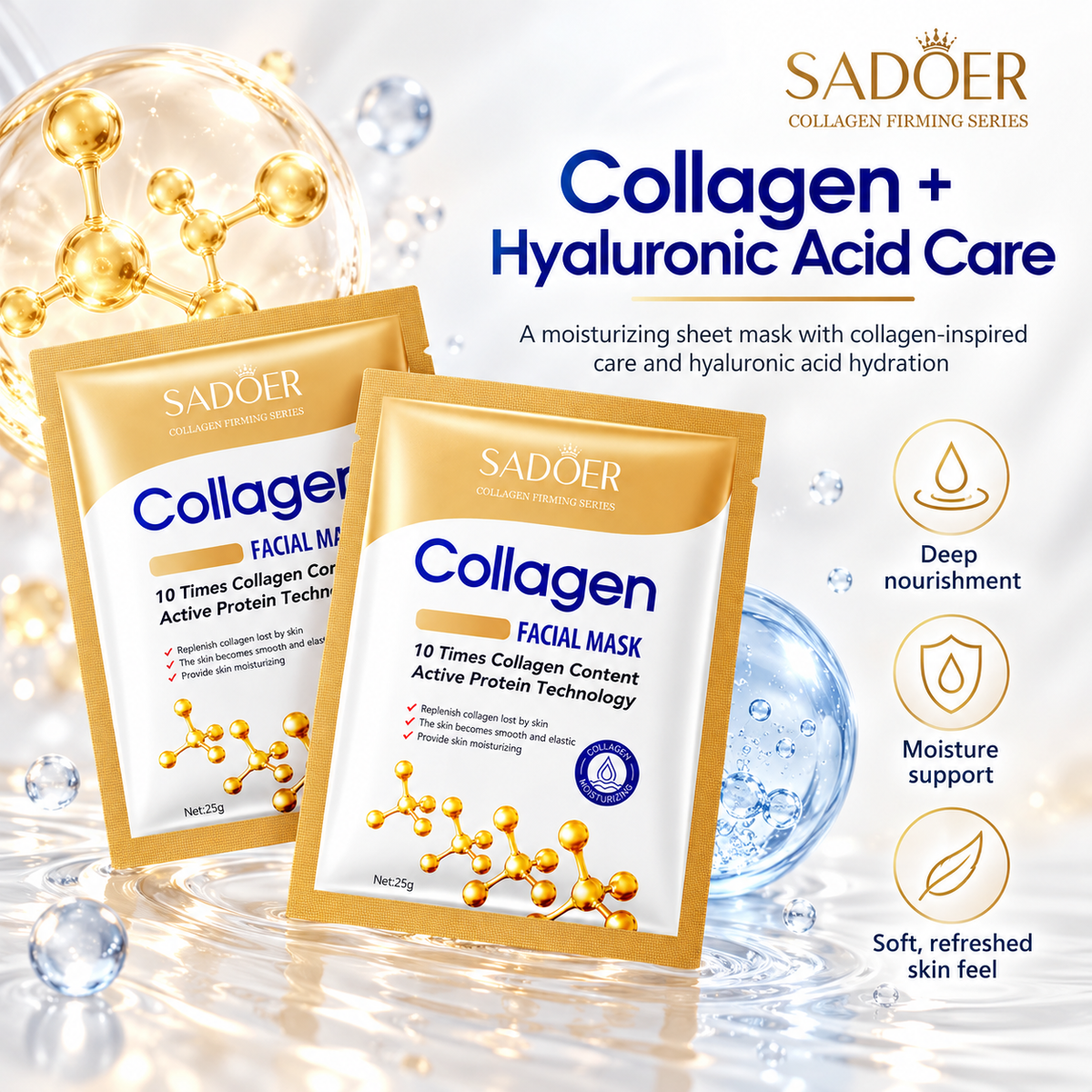 SADOER Collagen Face Mask 10 Pack Hydrating & Anti-Aging Care