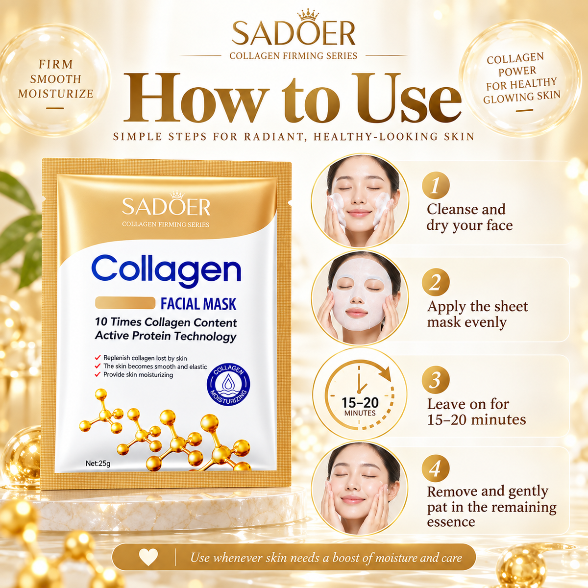 SADOER Collagen Face Mask 10 Pack Hydrating & Anti-Aging Care