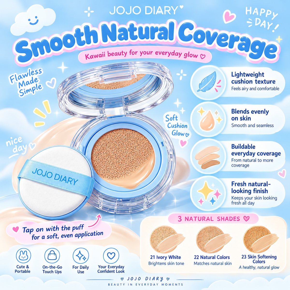 JOJO DIARY Hydrating Air Cushion BB Cream, Waterproof
