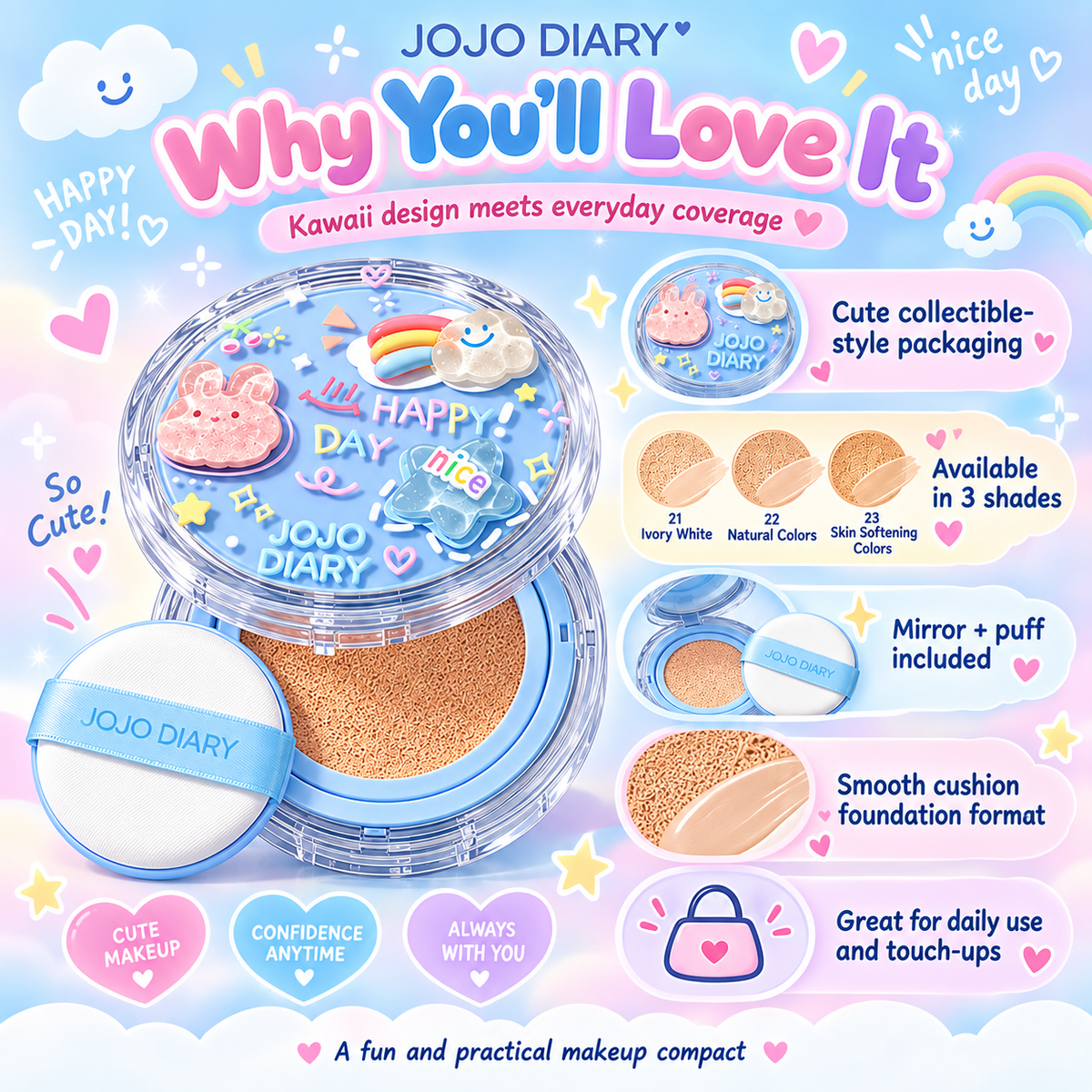 JOJO DIARY Hydrating Air Cushion BB Cream, Waterproof