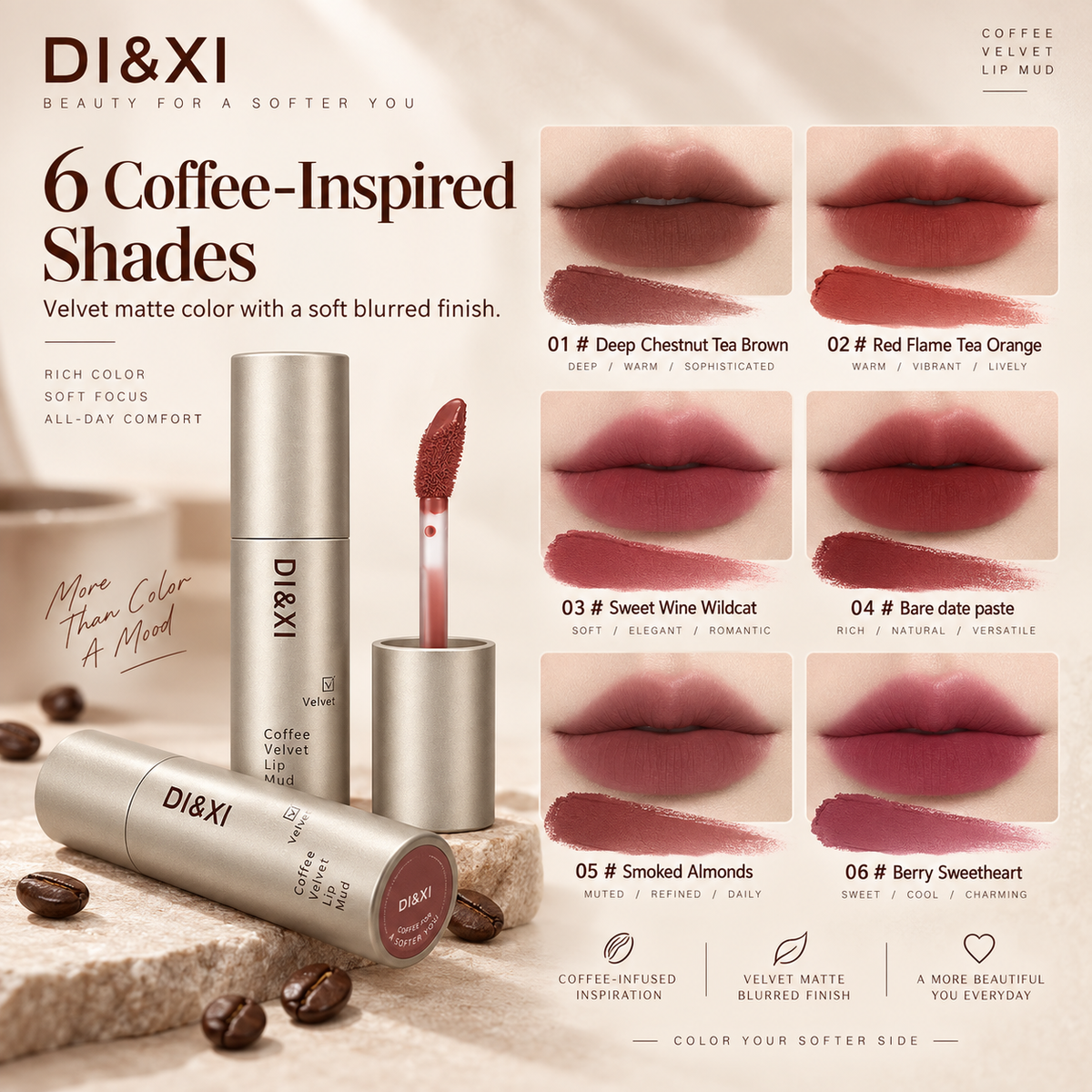 DI & XI Coffee Velvet Lip Mud Soft Matte Lipstick