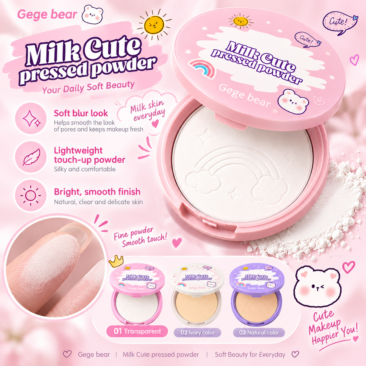Gege Bear Milk Cute Pressed Powder for Oil Control