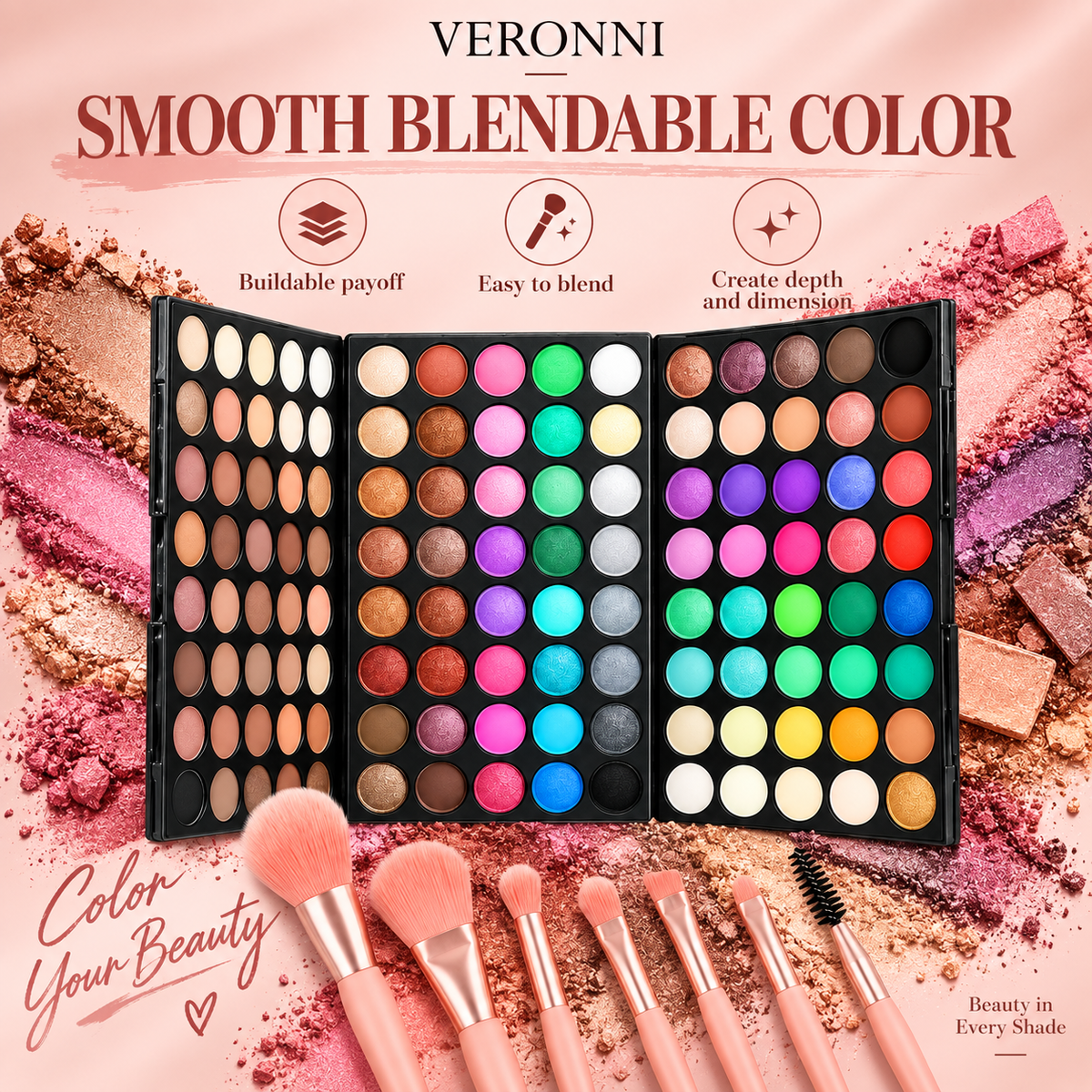 VERONNI 120 Color Matte Shimmer Eyeshadow Palette with Brushes