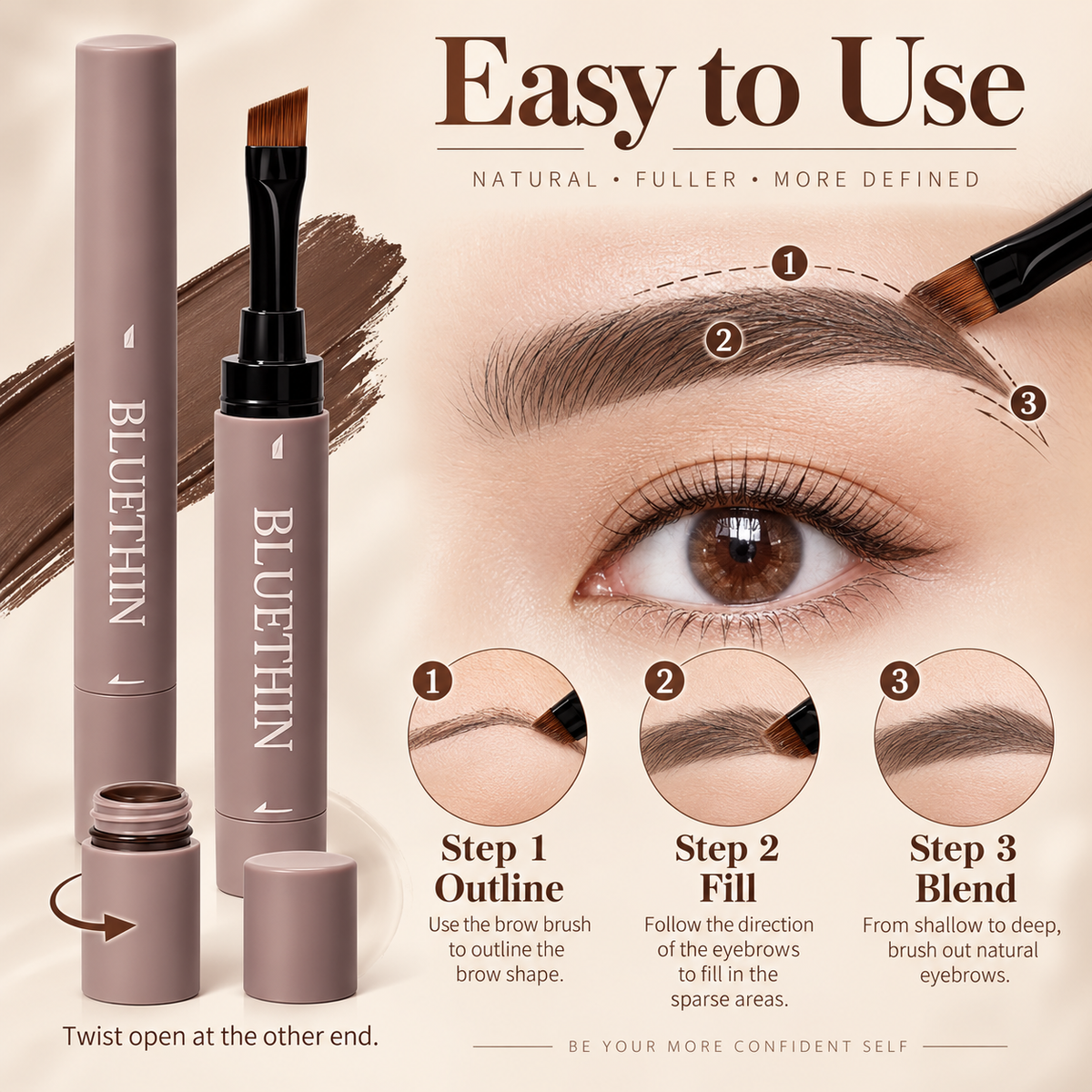BLUETHIN Double-Ended Waterproof Eyebrow Cream Pomade