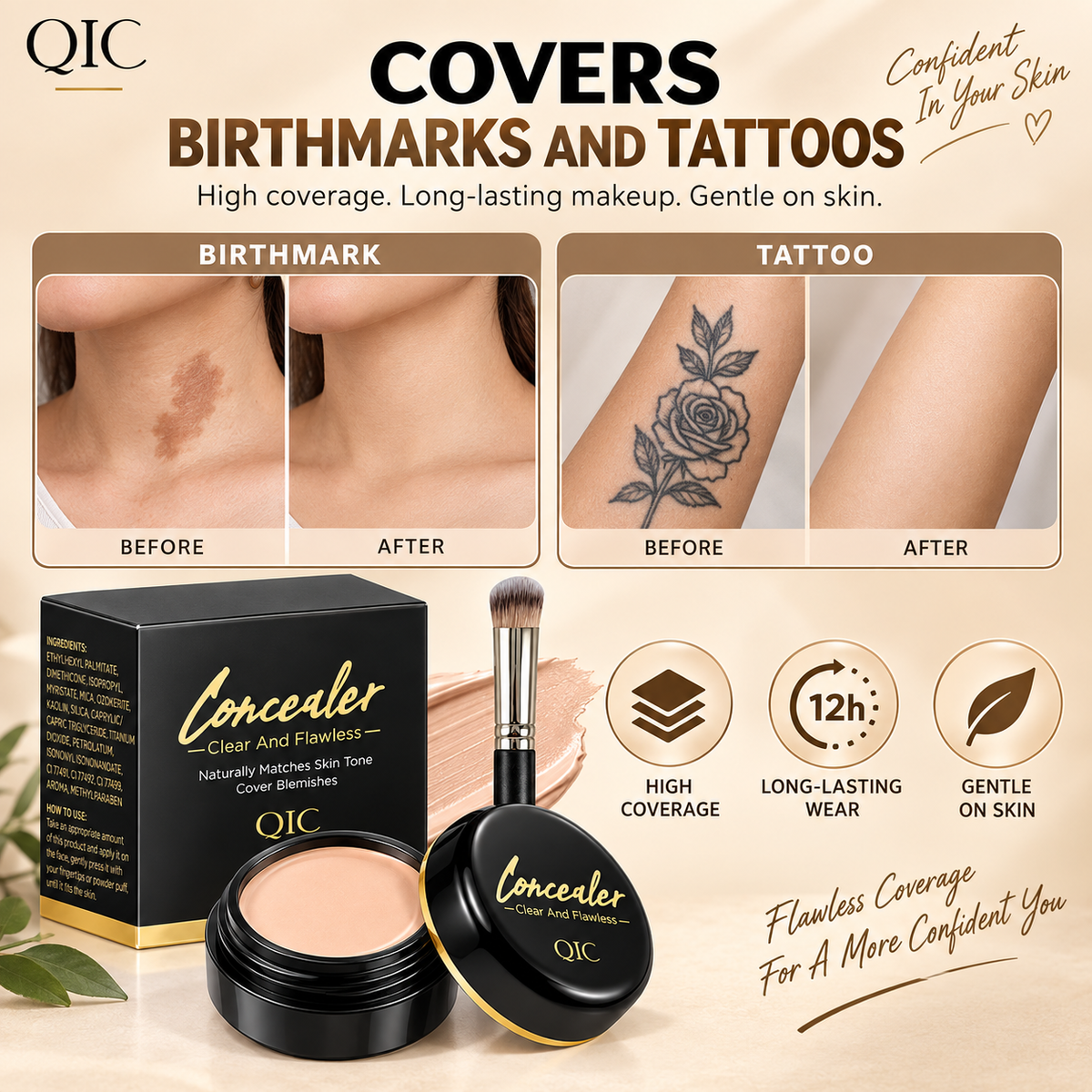 QIC Concealer, Waterproof Full Coverage Cream Concealer