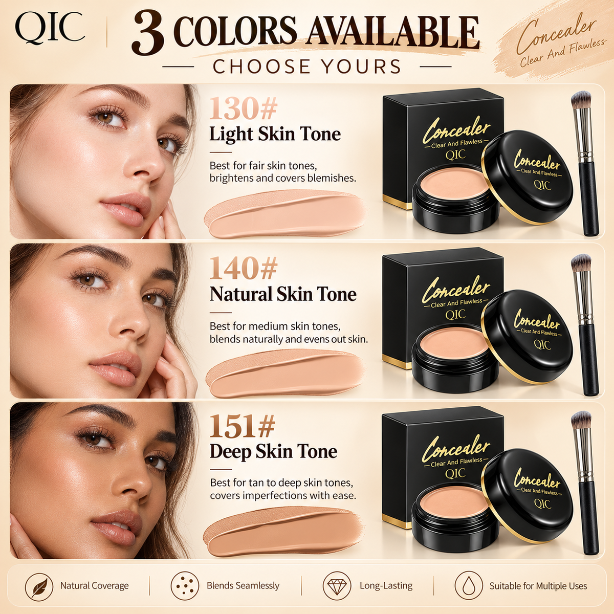 QIC Concealer, Waterproof Full Coverage Cream Concealer