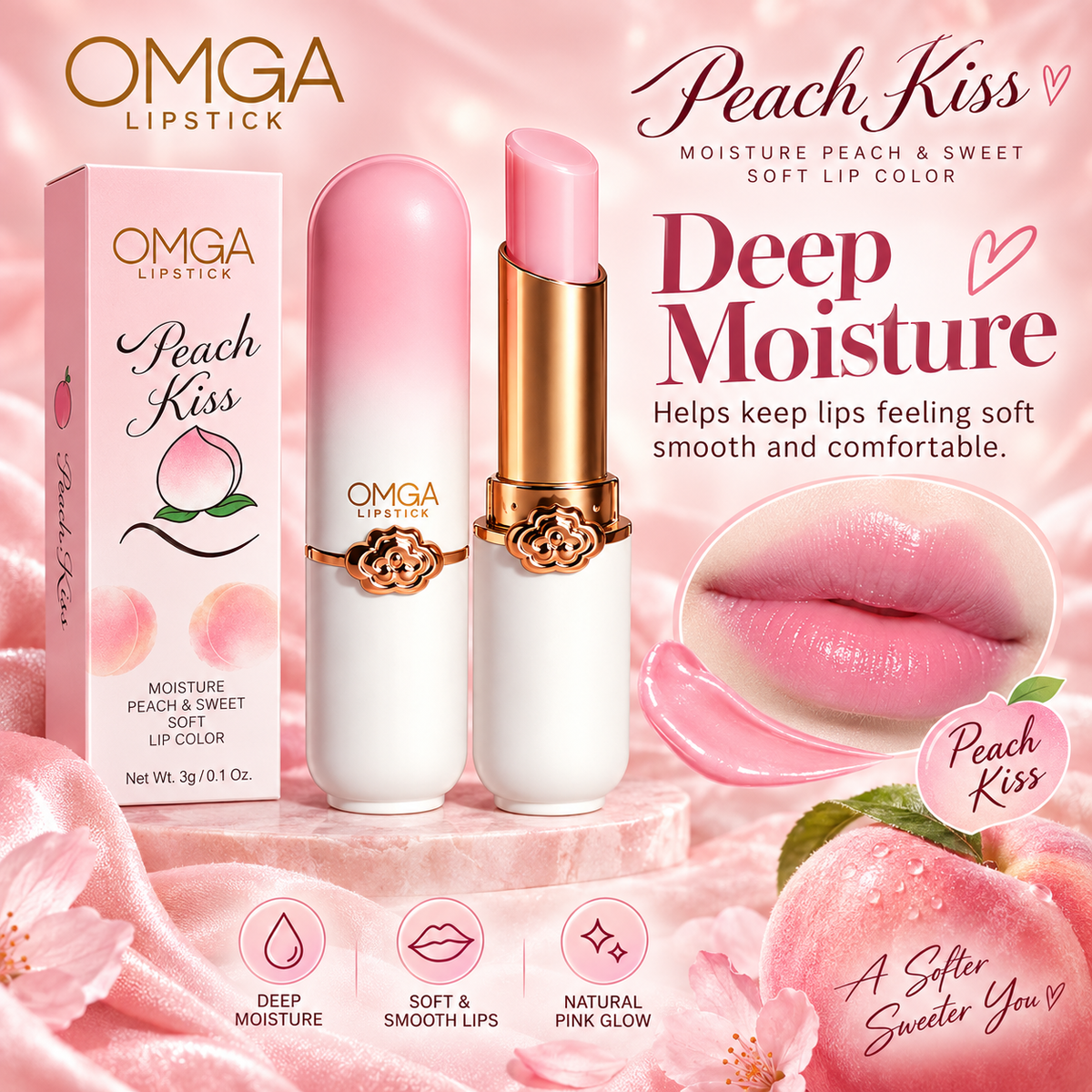OMGA Peach Kiss Color Changing Lipstick Moisturizing Lip Balm