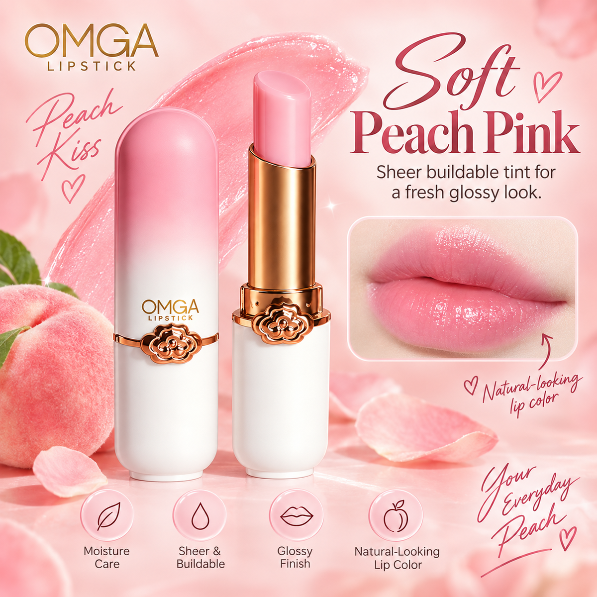 OMGA Peach Kiss Color Changing Lipstick Moisturizing Lip Balm