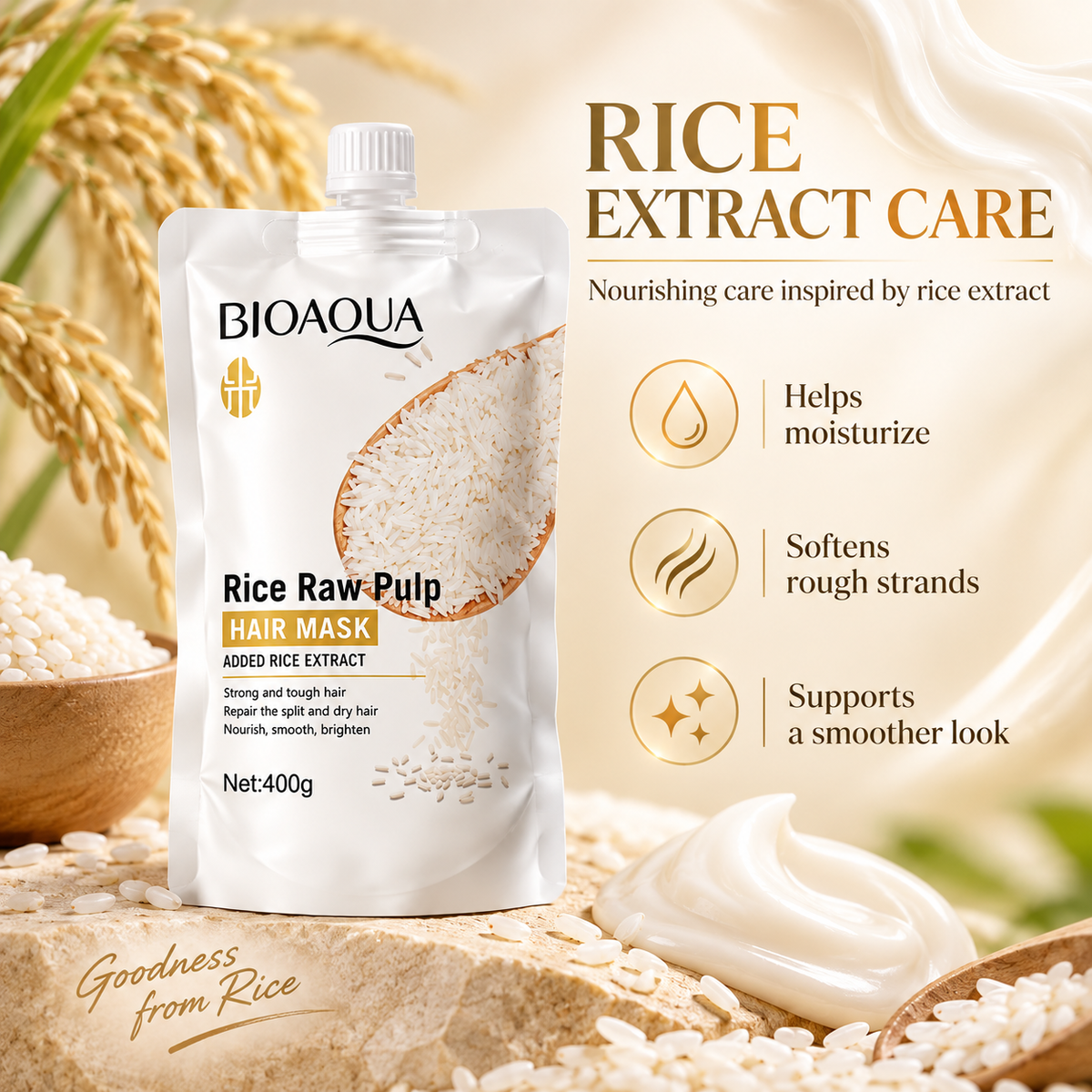 BIOAQUA Rice Raw Pulp Hair Mask for Dry Damaged Hair