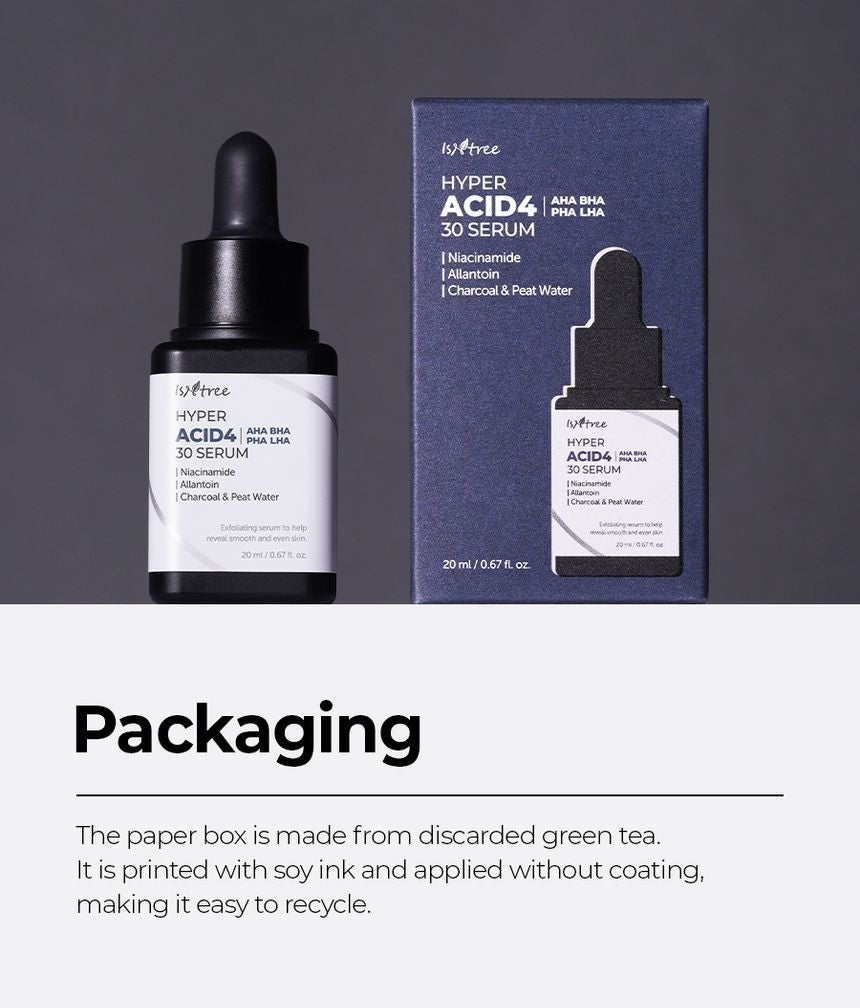 Isntree Hyper Acid 4 AHA BHA PHA LHA 30 Serum 20mL recycled paper and soy ink packaging