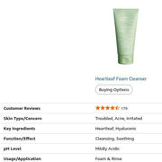 Abib Heartleaf Foam Cleanser Amazon comparison table – skin concerns, ingredients, cleansing, mild acidic pH and foam-and-rinse use