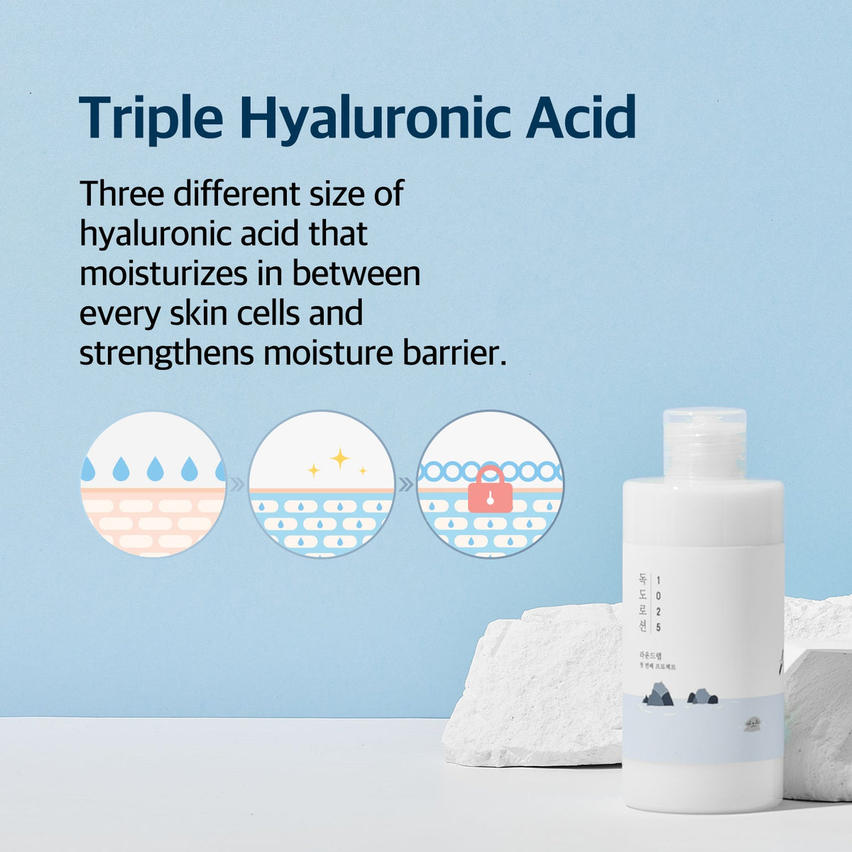 Triple hyaluronic acid moisturizes between skin cells and strengthens the moisture barrier