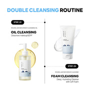 Double cleansing routine showing 1025 Dokdo cleansing oil dissolving makeup and SPF, then foam cleanser for deep hydration