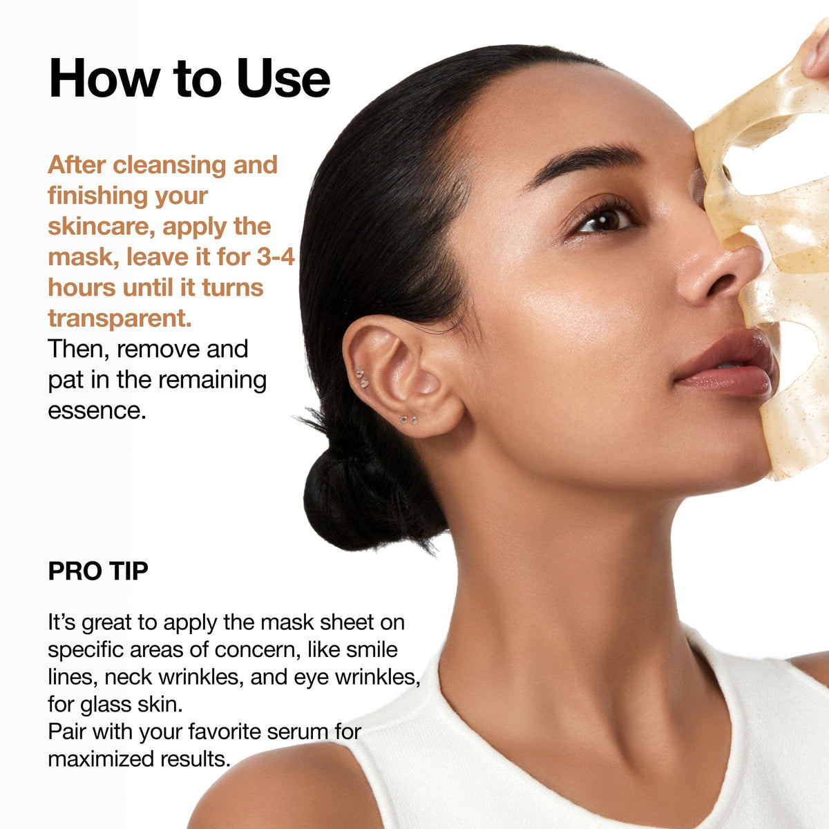 Official Anua Rice 70 Glow Collagen Mask usage guide: wear for 3 to 4 hours until transparent